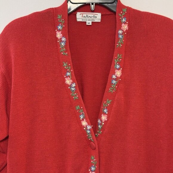 Vintage Talbots Susan Bristol Red Cotton Button Up Cardigan Floral Embroidered - Picture 2 of 14